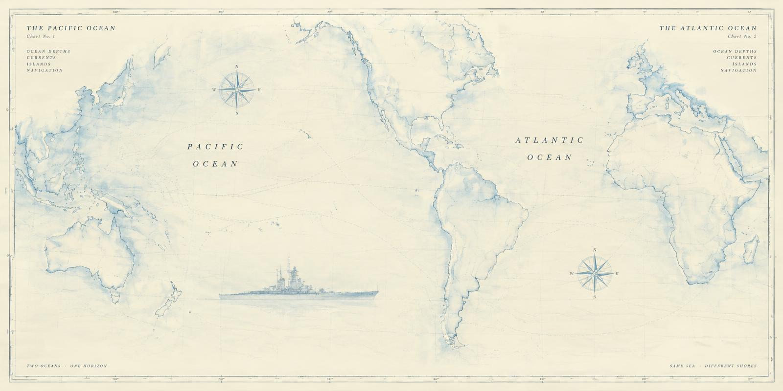 Carta náutica antigua del Pacífico y el Atlántico